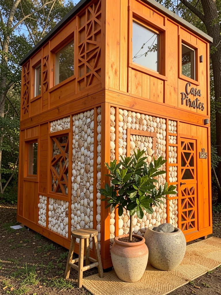 Casa de madeira laranja com recortes geométricos e janelas, mosaico de conchas na fachada, banco rústico sob vaso de folhagens, cesto de palha e placa 
