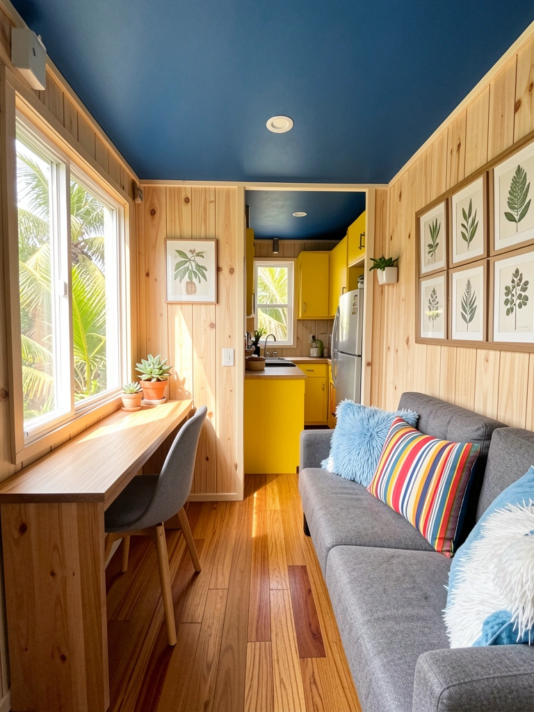 Parede de madeira clara e teto azul escuro em tiny house; mesa de madeira com cadeira cinza, sofá cinza com almofadas listradas e florais, cozinha amarela ao fundo, luz natural abundante.