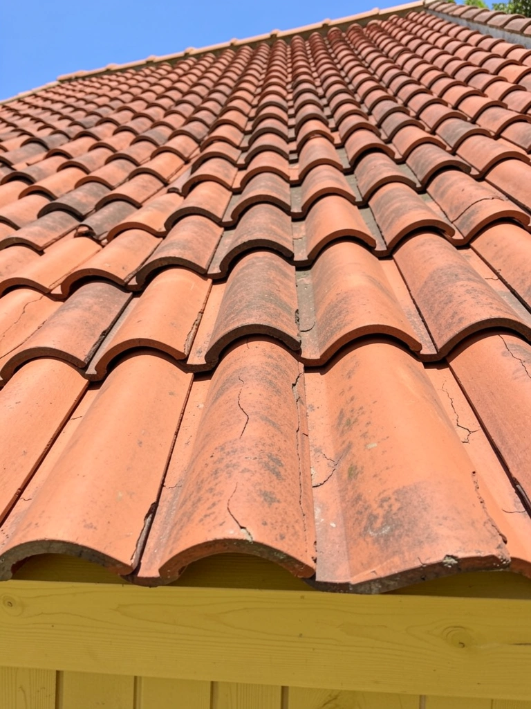 Casa com telhado de telhas de barro vermelho sob luz solar intensa.