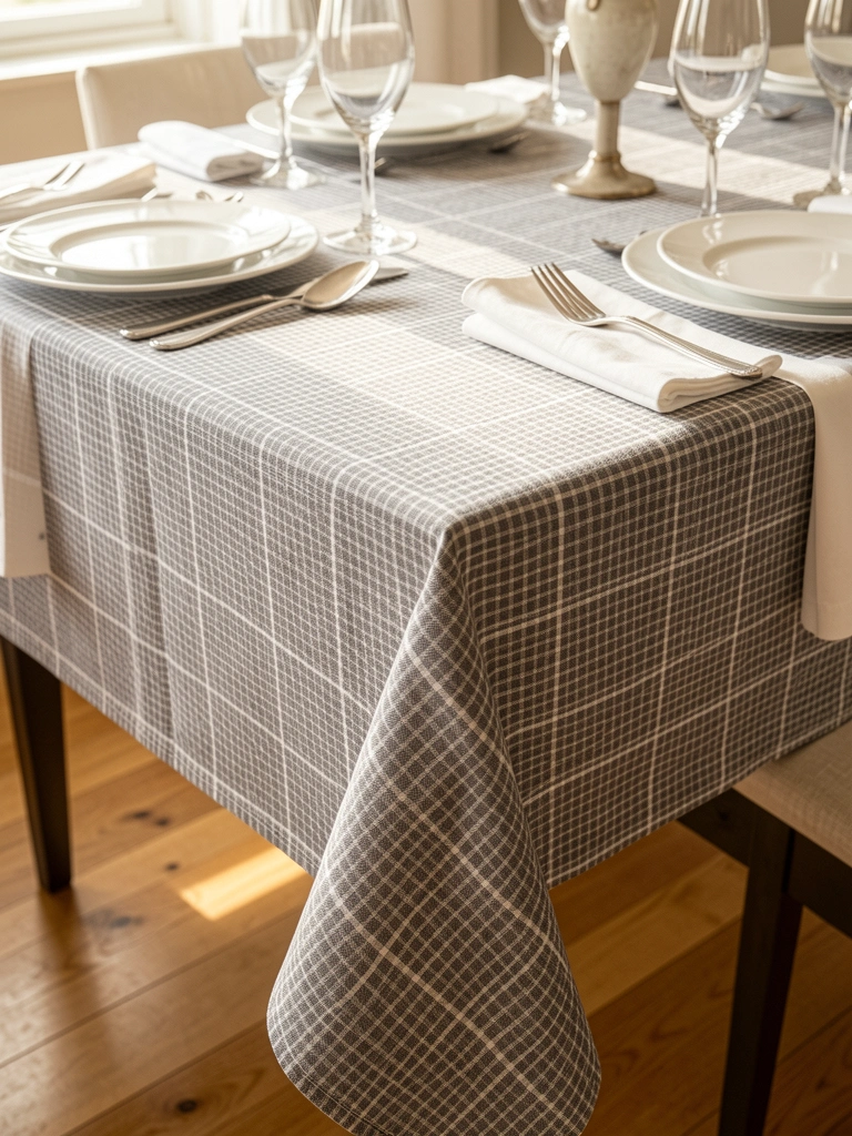 Toalha de mesa xadrez cinza e branca com pratos de cerâmica e talheres sobre mesa de madeira, luz solar difusa criando sombras suaves.