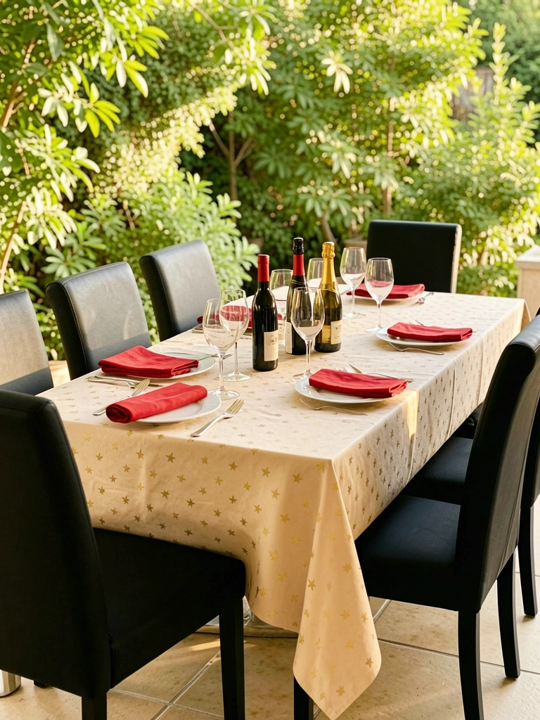 Mesa posta com toalha bege e estrelas douradas, seis cadeiras pretas, pratos brancos, talheres, taças e garrafas de vinho e champanhe; fundo com folhagens ao ar livre na luz natural.