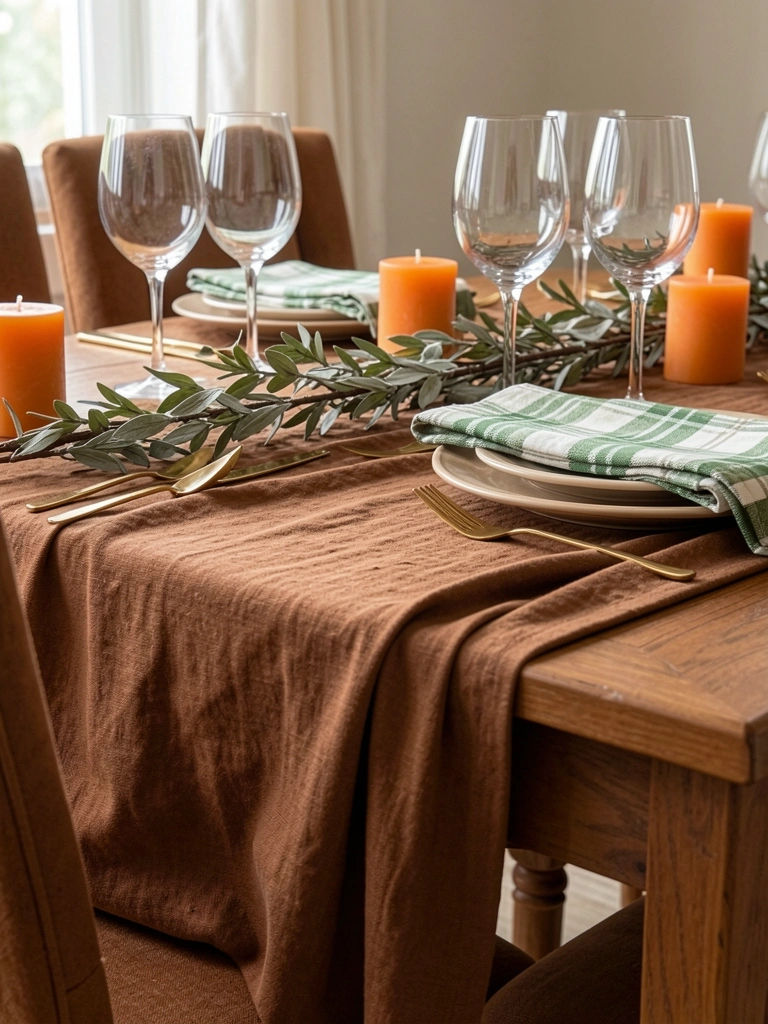 Toalha de mesa de linho marrom sobre mesa de madeira, copos de vidro, pratos bege com guardanapos xadrez verde e branco, talheres dourados e velas laranja.