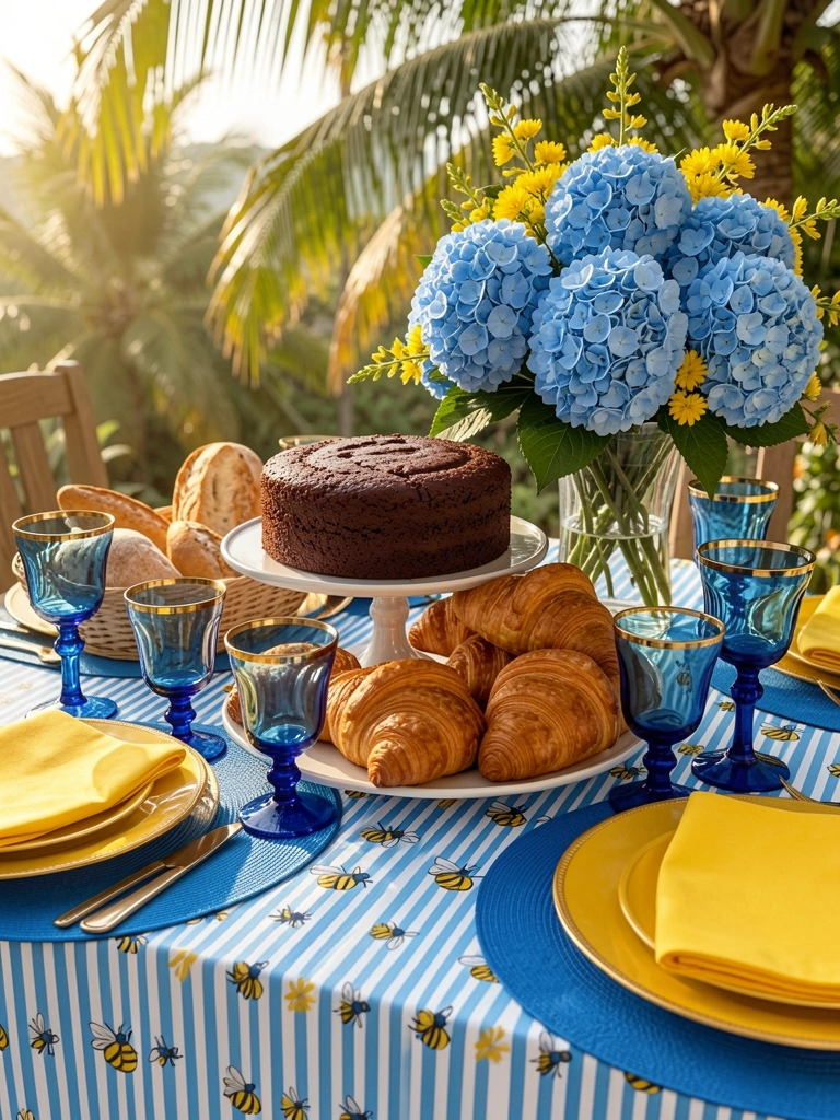 Mesa com toalha listrada azul e branca e estampa de abelhas amarelas, bolo de chocolate no suporte de três andares, croissants e buquê de hortênsias azuis e flores amarelas, copos azuis com borda dourada em pratos amarelos, luz natural.