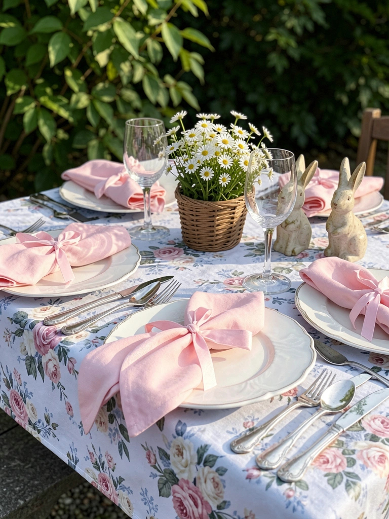 Mesa ao ar livre com toalha azul e branca de rosas, guardanapos rosa, coelho decorativo e cesta de margaridas sob luz natural.