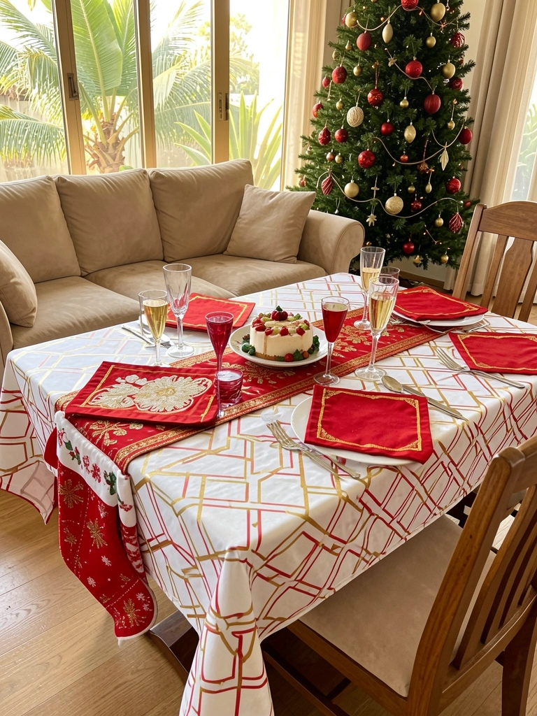 Mesa de Natal com toalha branca de padrão geométrico vermelho e dourado, guardanapos vermelhos, bolo e taças de champanhe, sofá bege e árvore decorada ao fundo, luz natural.