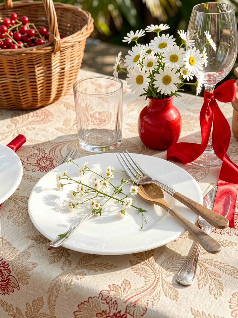 Prato de porcelana branca com raminho de flores silvestres, talheres de prata e madeira sobre toalha de linho bege e vermelha, jarro de vidro e cesta de vime com frutas vermelhas ao fundo, luz natural.
