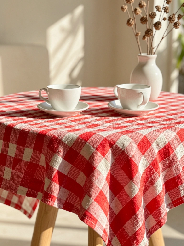 Toalha xadrez vermelha e branca com textura de tecido, xícaras de porcelana branca e vaso com galhos secos sobre mesa redonda de madeira clara, luz natural suave ao fundo.