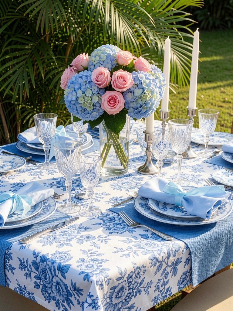 Toalha de mesa floral azul e branca ao ar livre com louças azuis, copos de cristal e buquê de hortênsias e rosas, luz natural do dia.
