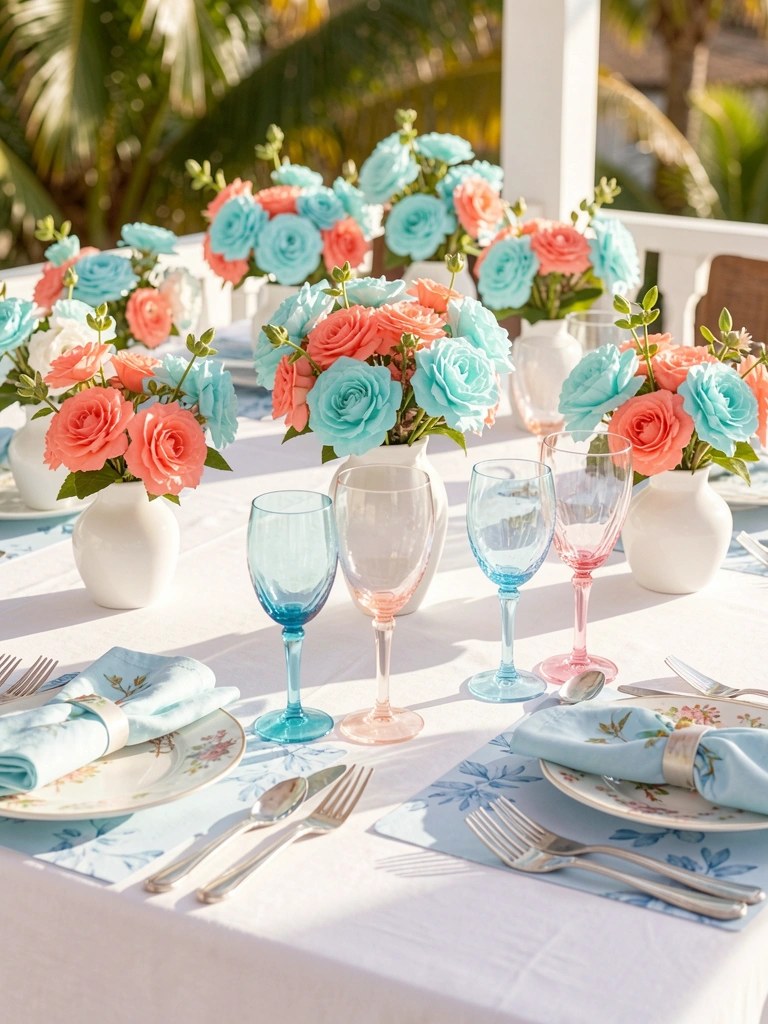 Toalha de mesa branca com pratos florais, taças azuis e rosas, e vasos com flores coral, luz natural suave.