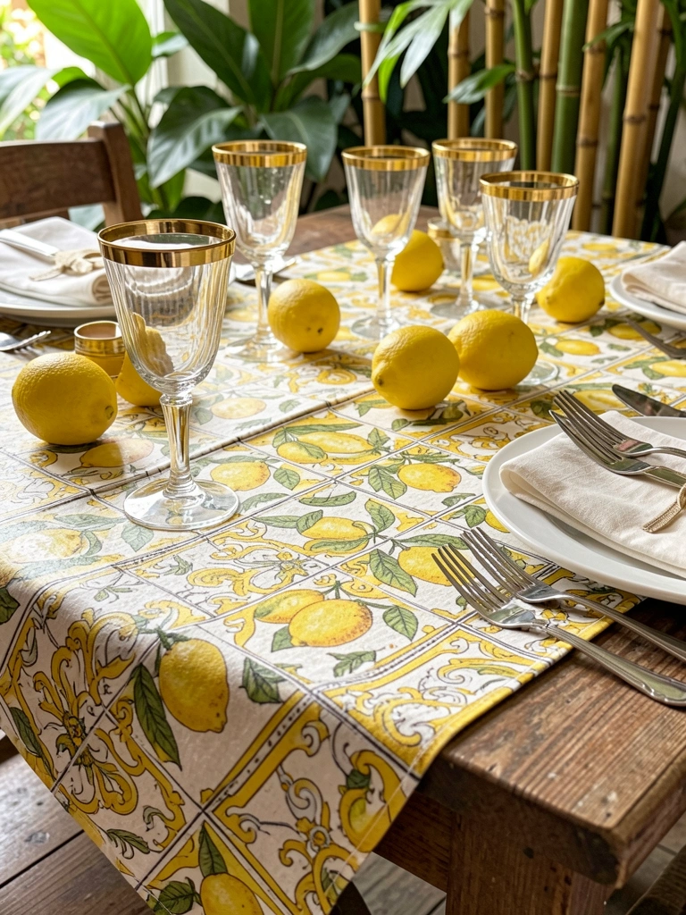 Toalha de mesa de linho com estampa de azulejo português em amarelo e branco, limões e copos com borda dourada sobre mesa rústica de madeira, luz natural.