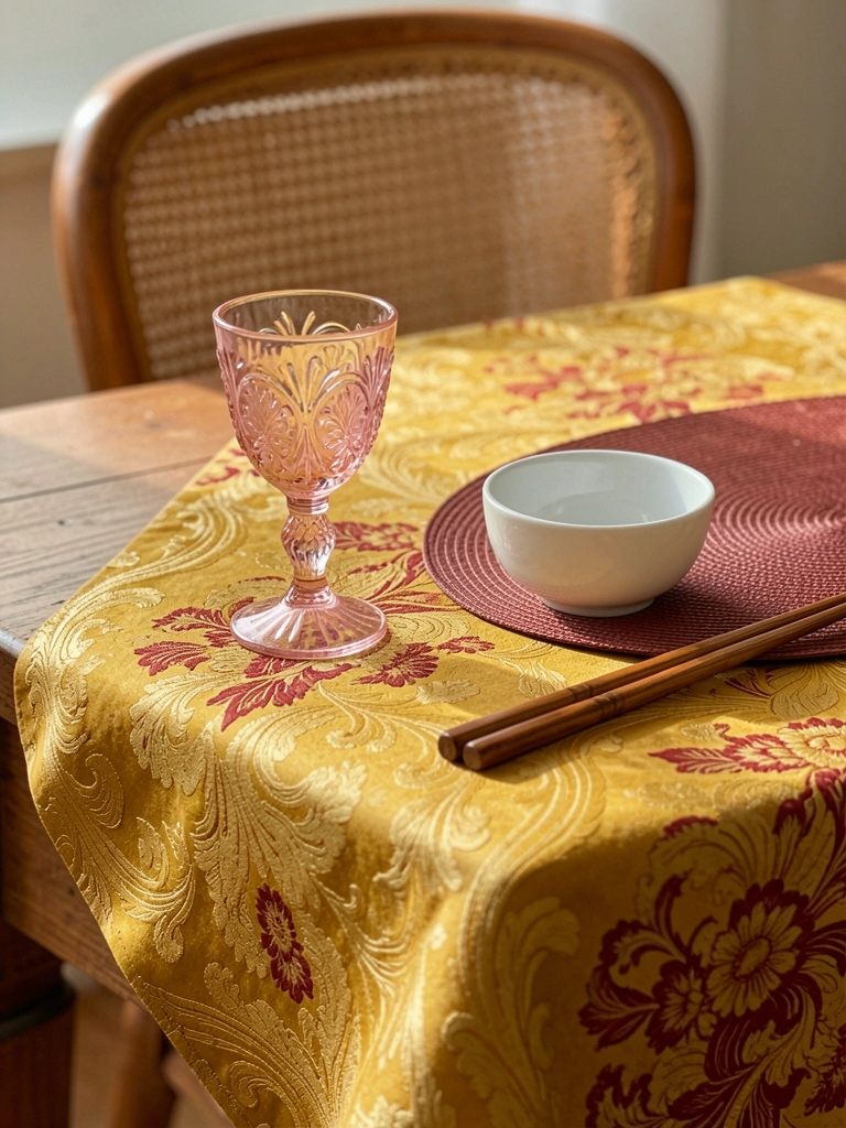 Toalha de mesa damasco dourada com detalhes vermelhos, copo rosa e tigela branca sobre descanso de palha, palitos de madeira ao lado, cadeira de palha ao fundo com luz natural.