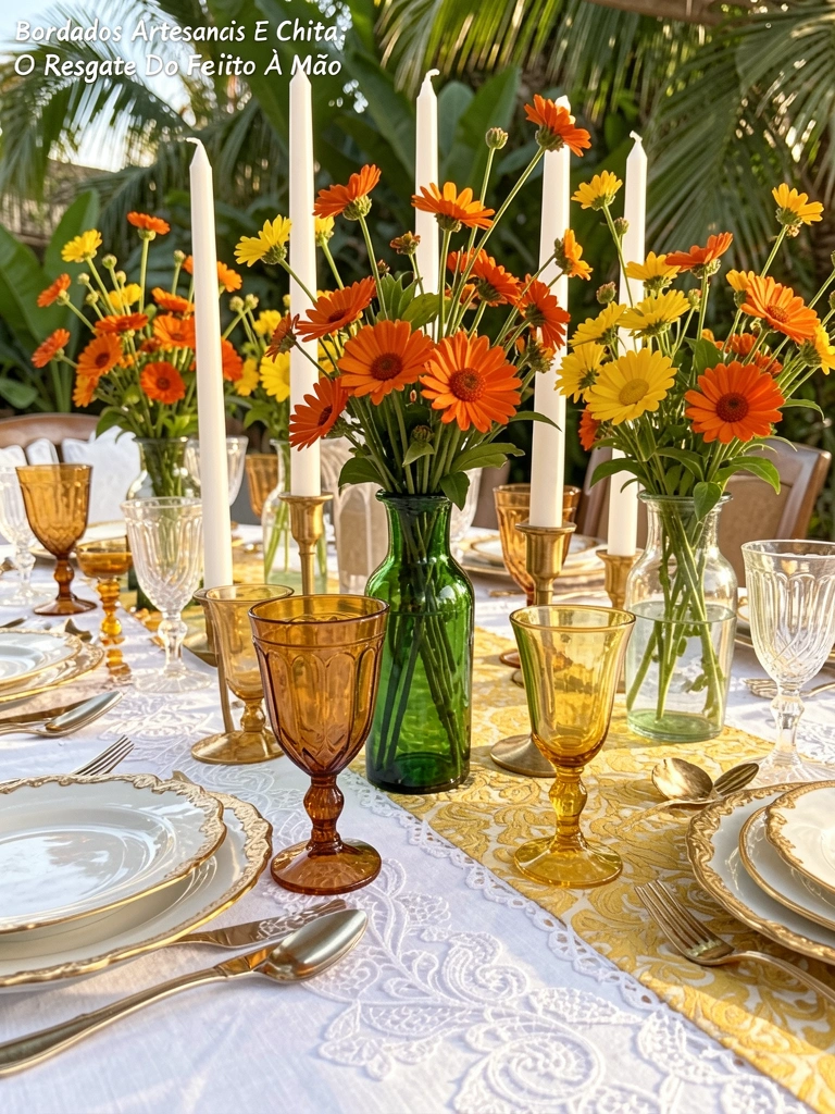 Mesa posta com toalha de renda branca, castiçais altos, flores laranjas e amarelas em vasos de vidro, copos âmbar e louça com detalhes dourados sob luz natural.
