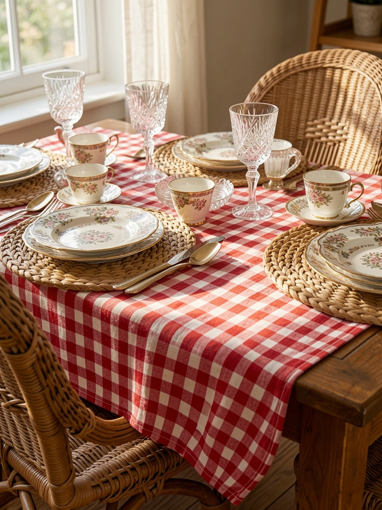 Toalha xadrez vermelha e branca sobre mesa de madeira, pratos decorados, porcelanas com borda dourada e copos de cristal sob luz natural.