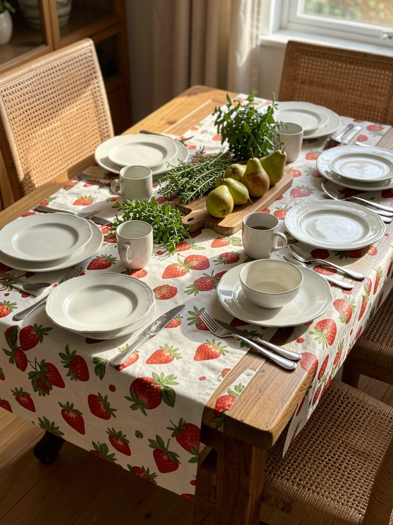 Toalha de mesa vermelha com estampa de morangos sobre mesa de madeira, pratos brancos, xícaras e pêras em tábua de corte, luz natural entrando pela janela.