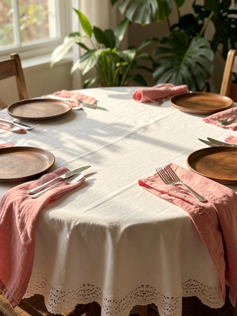 Luz natural incide sobre toalha de mesa branca com renda, pratos rústicos e guardanapos rosados, folhagens ao fundo.