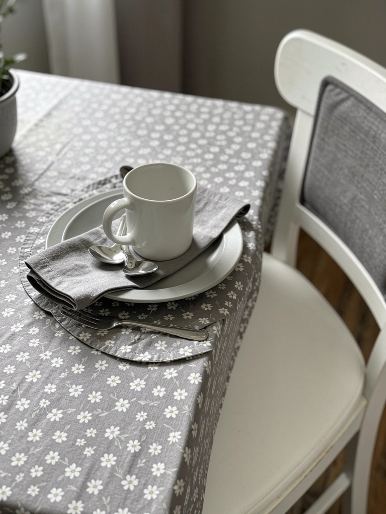 Toalha floral com jogo americano combinando sobre mesa de madeira.