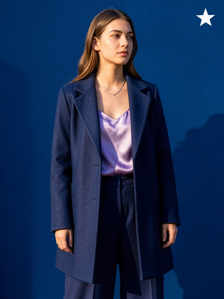 Mulher com casaco de lã azul escuro e calça de alfaiataria, camisola de seda lilás e colar de prata, fundo azul intenso com uma estrela branca, luz natural suave destacando texturas de lã e seda.