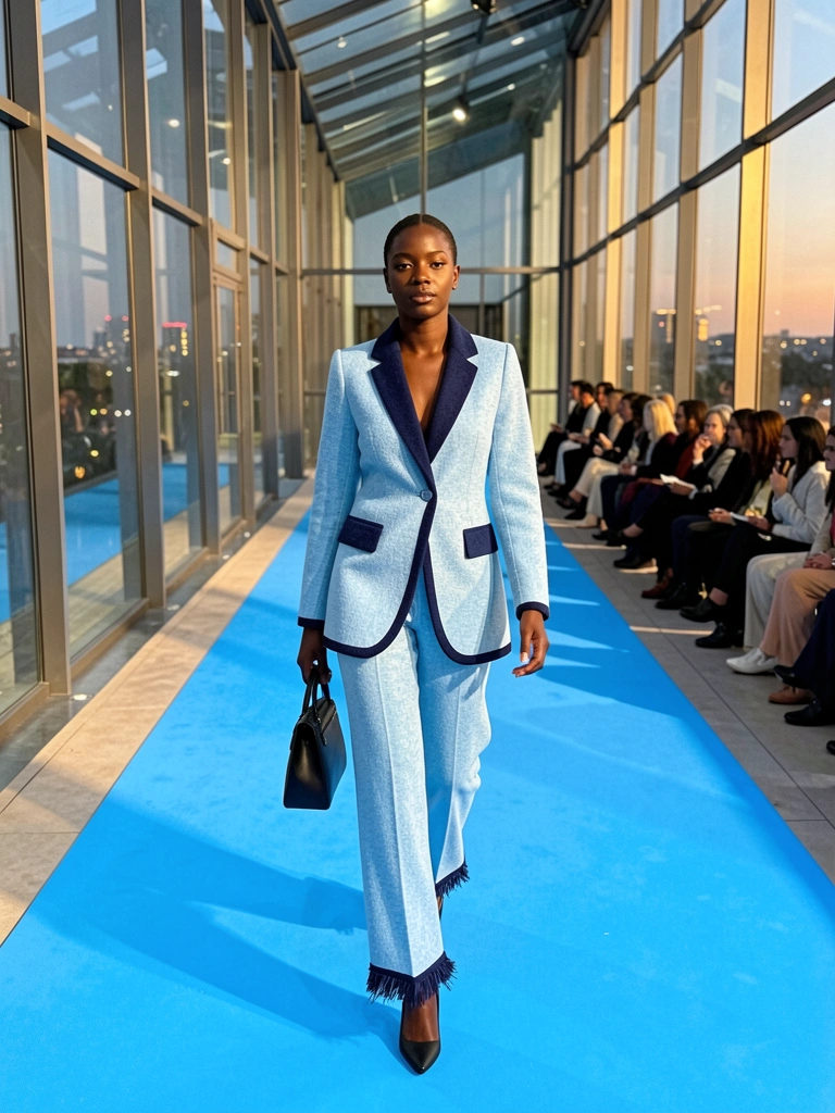 Mulher negra jovem em terno azul claro franjado desfilando em passarela azul brilhante, com bolsa preta, luz natural e vidro ao fundo.