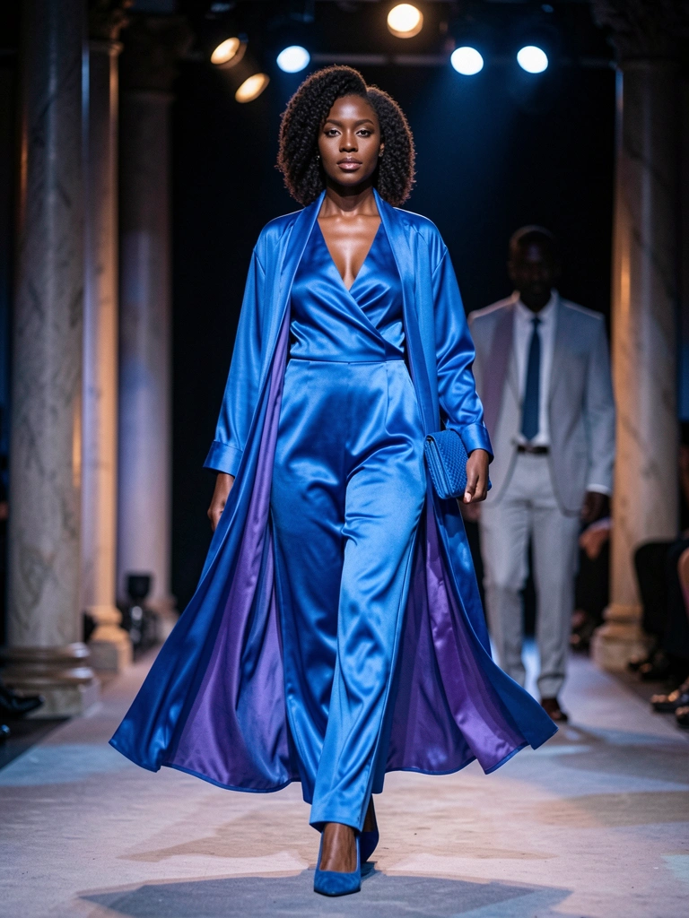 Mulher negra em macacão de seda azul vibrante e salto azul, passarela com colunas e holofotes dramáticos.