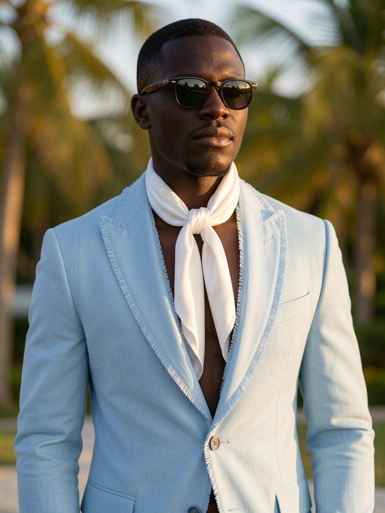 Homem negro de terno azul claro com gola franjada, cachecol de seda branco e óculos escuros, luz solar suave ao ar livre.