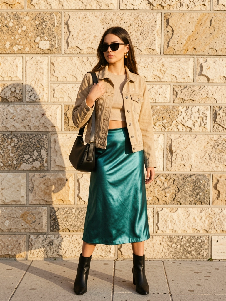 Jaqueta jeans bege, saia midi azul-petróleo acetinada e botas pretas, mulher de óculos escuros contra parede de pedra texturizada com luz natural.