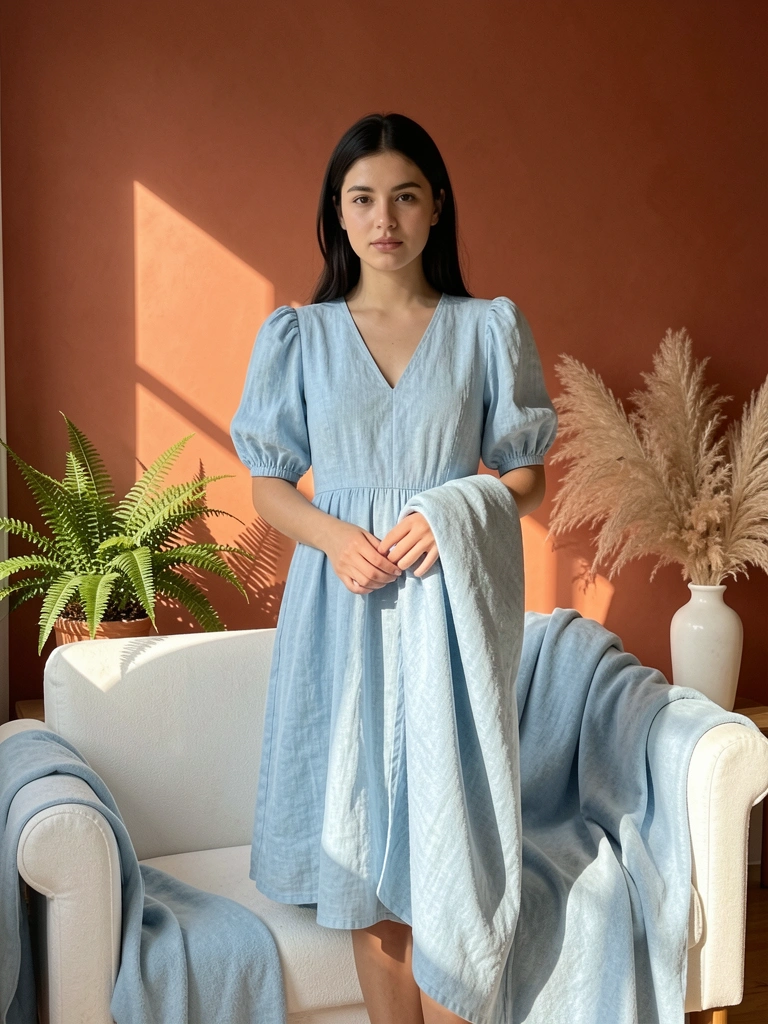 Jovem de vestido de linho azul claro segurando manta sobre sofá branco, com samambaia e vaso de capim-dos-pampas ao fundo, luz natural da janela criando sombras alongadas.