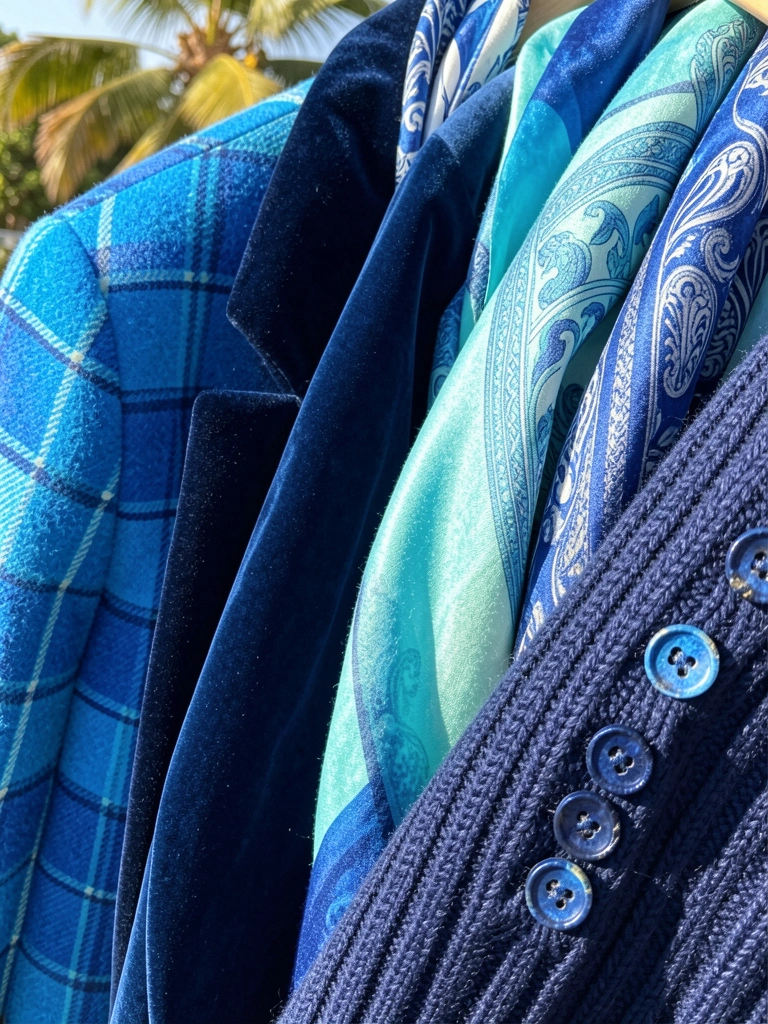 Casaco xadrez azul, blazer de veludo marinho, cachecol estampado e suéter tricotado com botões, luz natural do dia.