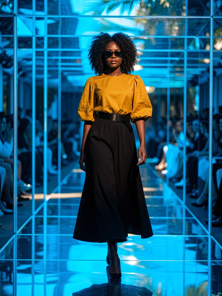 Mulher negra de cabelo cacheado volumoso e óculos escuros, vestindo top amarelo mostarda com mangas bufantes, saia preta rodada e cintos largos, caminhando em passarela espelhada sob luz azul cerúleo intensa.