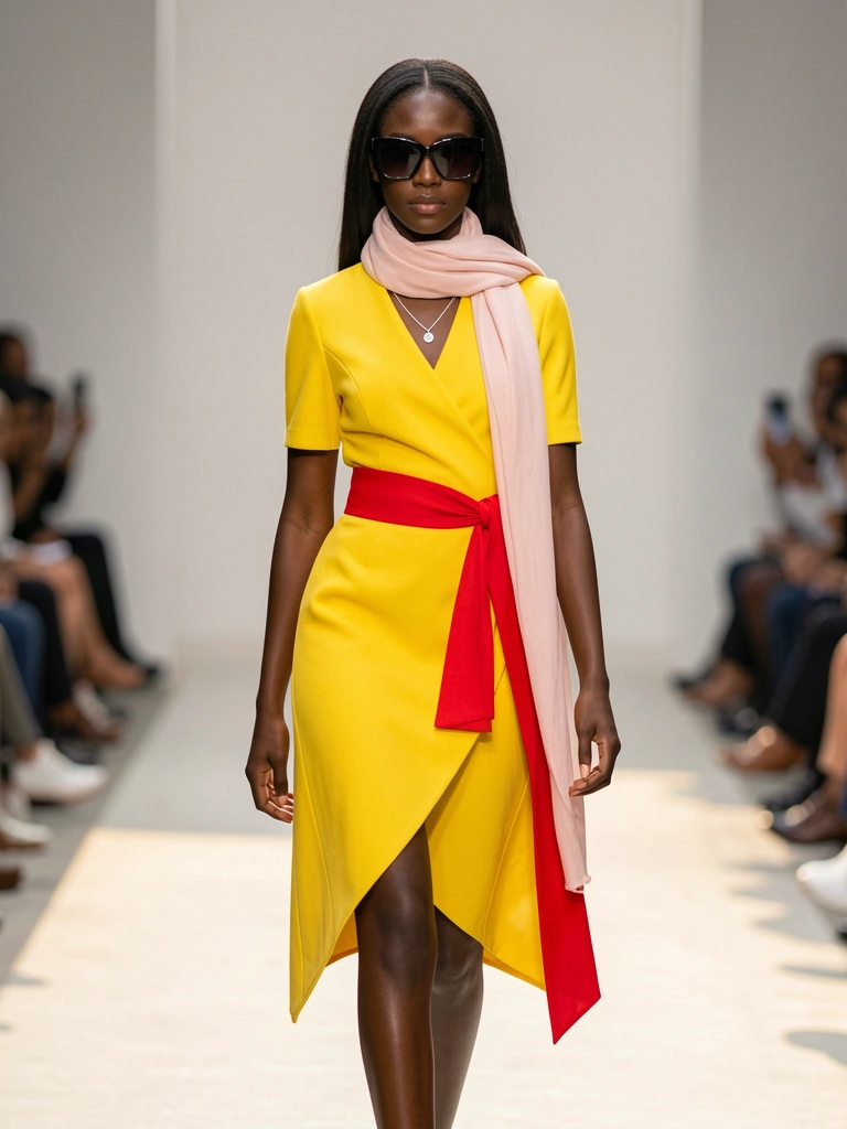 Vestido amarelo com faixa vermelha e bainha assimétrica em mulher negra jovem em passarela minimalista, luz natural e plateia desfocada ao fundo.