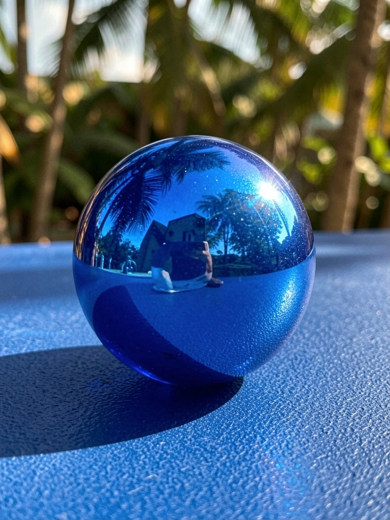 Esfera azul iridescente refletindo luz solar sobre superfície texturizada azul-escura, com fundo desfocado e sombras suaves.