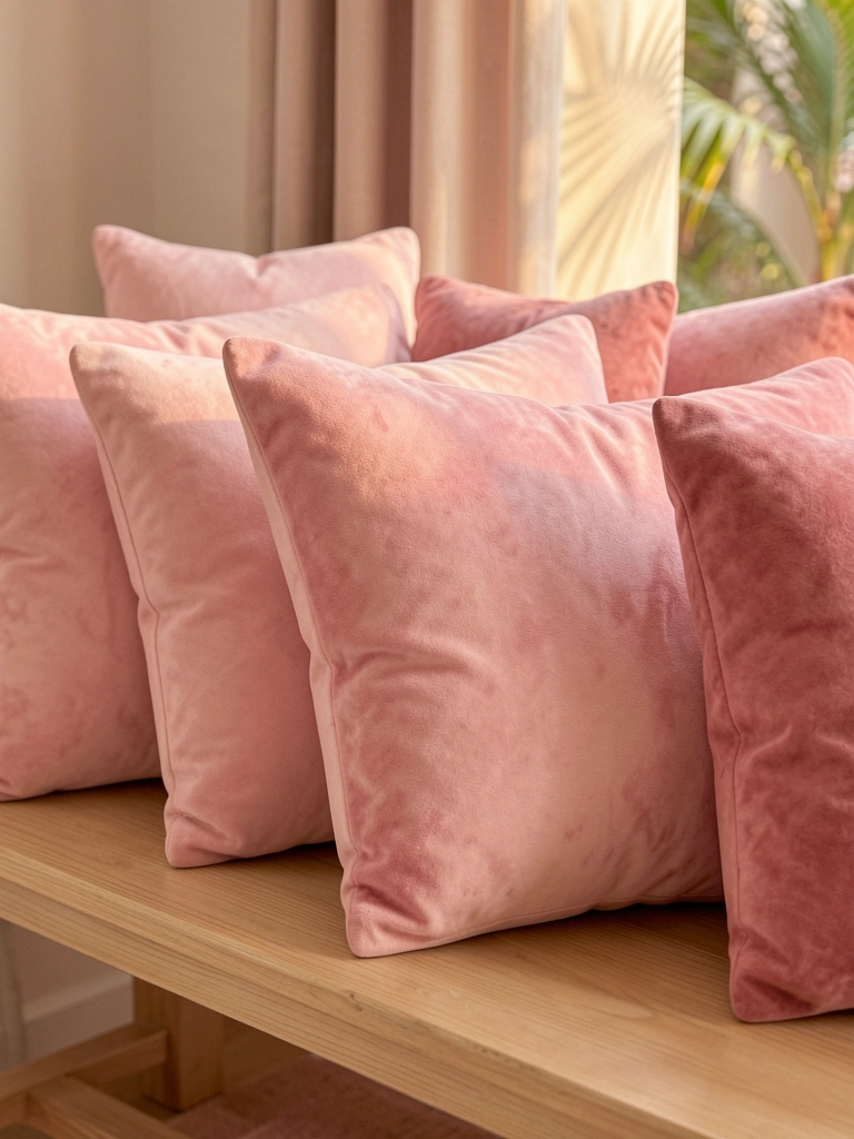 Almofadas de veludo rosa em tons pastel sobre banco de madeira clara, com luz natural difusa e detalhes de textura.