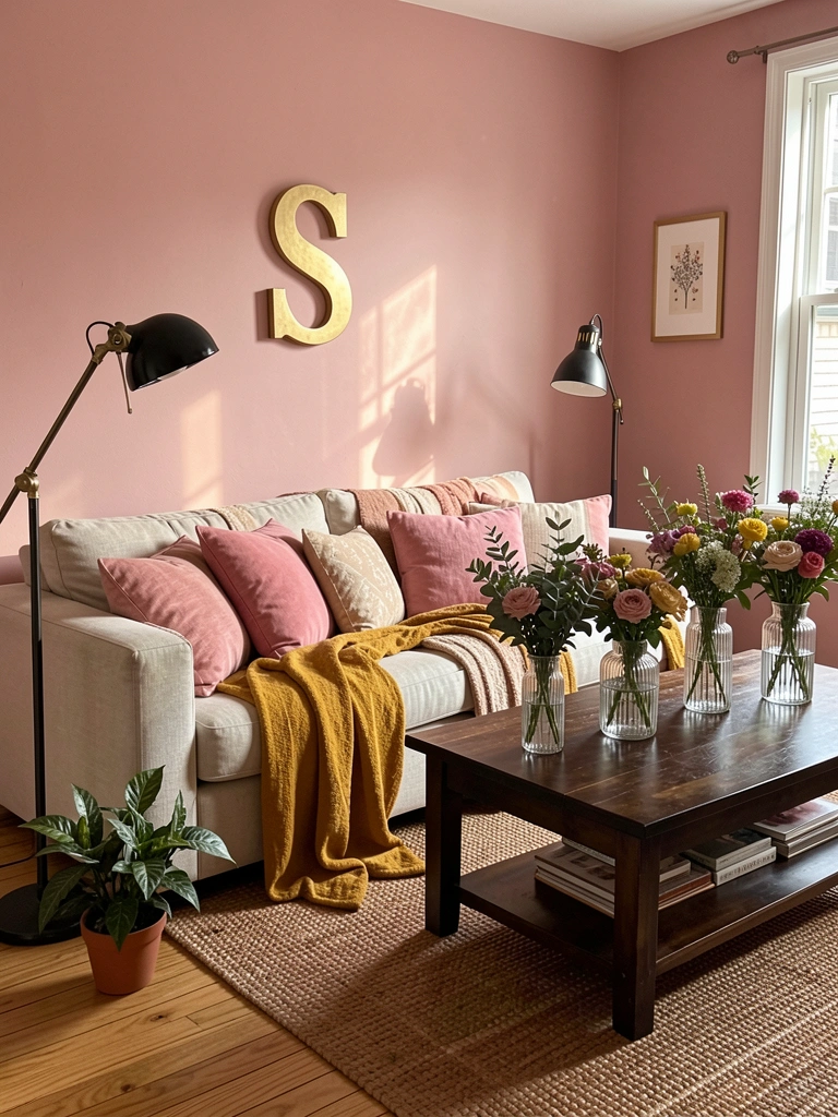 Sofá claro com almofadas e mantas em rosa, bege e mostarda, tapete de fibra natural, vasos com flores e letra S dourada na parede rosa suave.