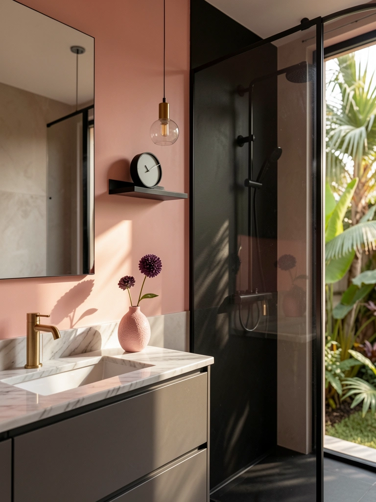Parede rosa blush, bancada de mármore cinza escuro, torneira dourada e chuveiro preto em banheiro com luz natural.