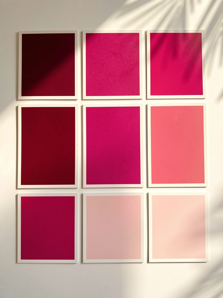 Dezesseis amostras de cor magenta em gradiente sobre fundo branco, luz natural difusa e sombras suaves.