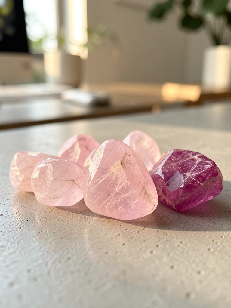 Pedaços de quartzo rosa em tons de blush a magenta sobre superfície de concreto cinza claro, com reflexos de luz natural difusa e fundo desfocado.