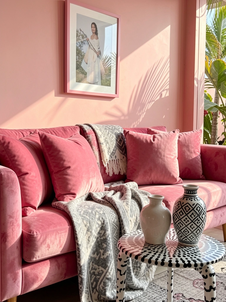 Luxuoso sofá de veludo rosa com almofadas fofas e manta xadrez cinza e branca, mesa lateral estampada com vasos cerâmicos, moldura rosa na parede, luz natural quente.