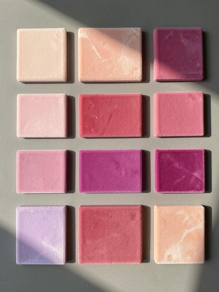 Doze amostras quadradas de quartzo rosa, do blush claro ao magenta, sobre fundo cinza neutro com luz natural destacando a textura aveludada.