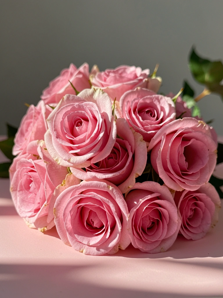 Rosas cor-de-rosa em superfície clara, pétalas delicadas com textura, luz difusa e fundo cinza suave.