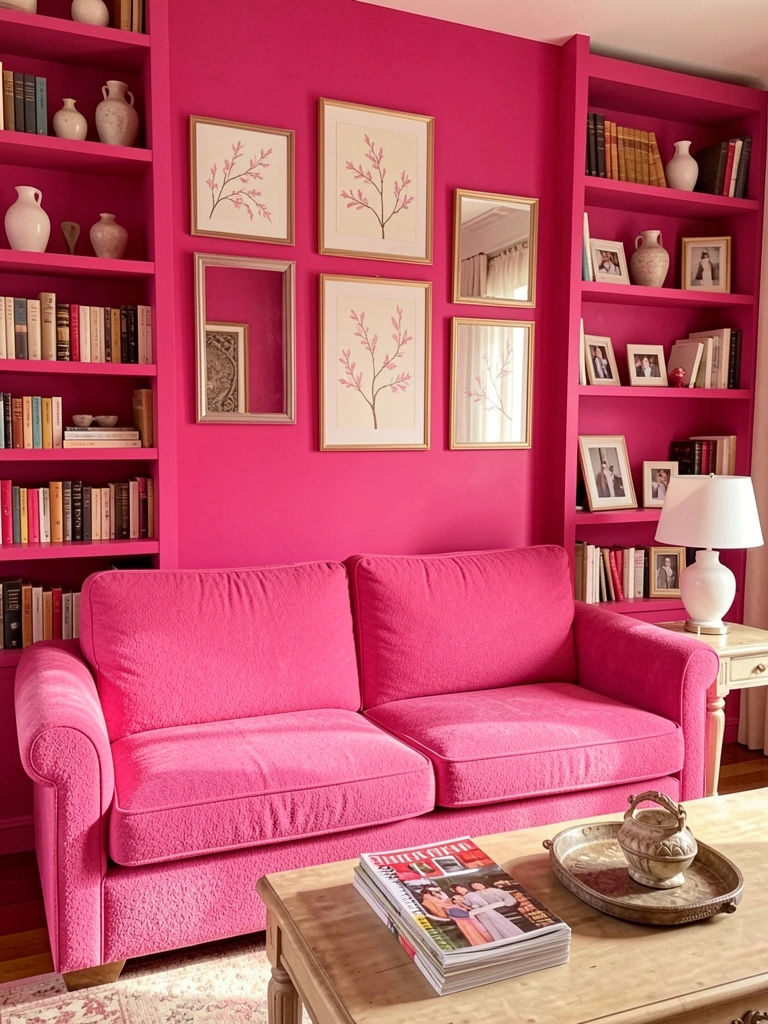 Sofá rosa texturizado com estampa sutil em frente a parede rosa choque, estantes com livros e vasos, espelhos com galhos rosados refletindo a luz natural.