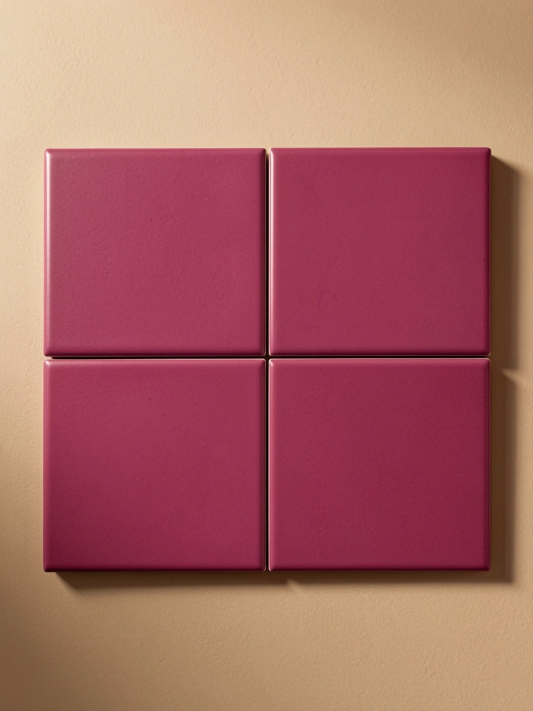 Azulejos quadrados magenta em grid 2x3, superfície fosca, luz difusa criando sombras suaves sobre fundo neutro.