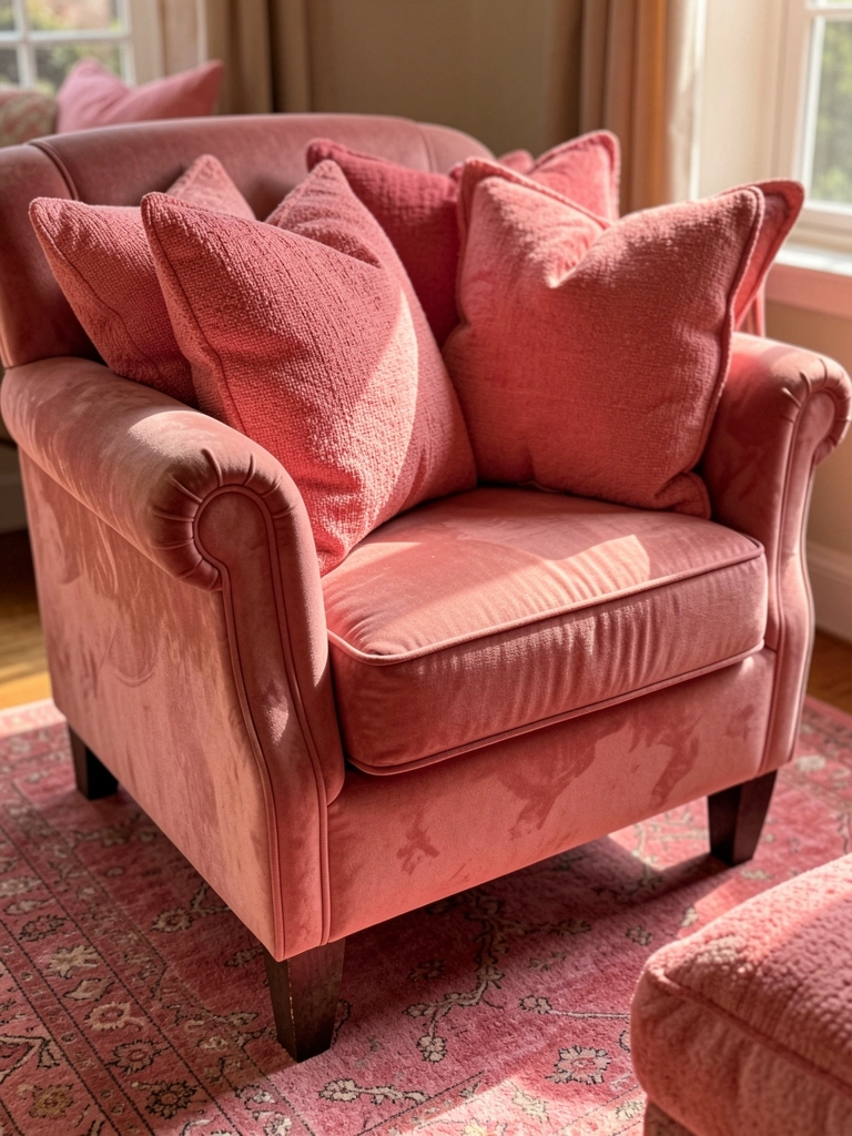 Poltrona de veludo rosa antigo com almofadas em tons de coral e rosa, tapete estampado e luz natural entrando pela janela.