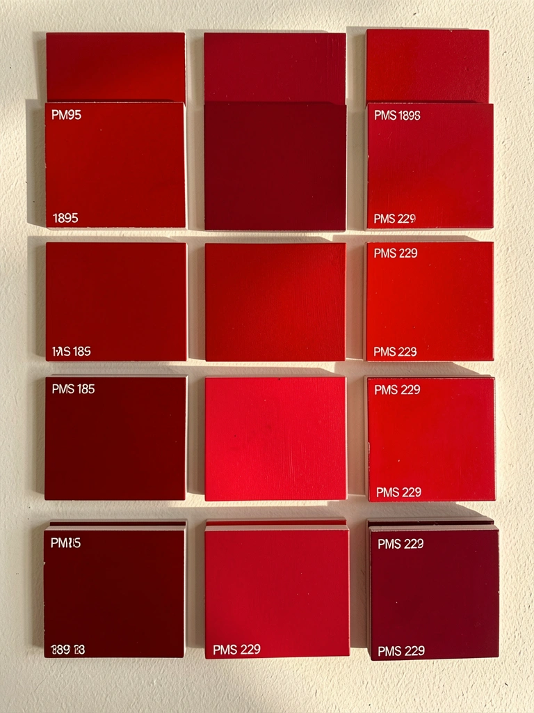 Amostras de tinta vermelha e vinho dispostas em grade sobre parede off-white texturizada, iluminadas por luz natural suave.