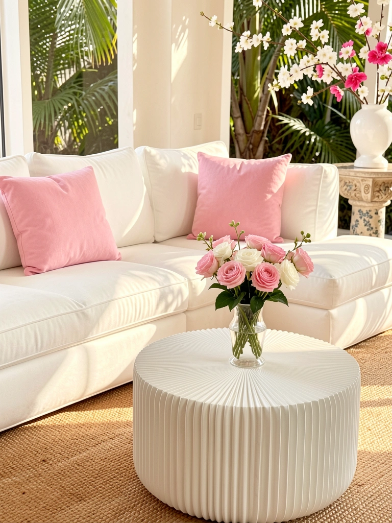 Sofá modular branco com almofadas rosa, mesa redonda de centro com vaso de rosas e flores brancas, tapete de juta e ramo florido ao fundo.