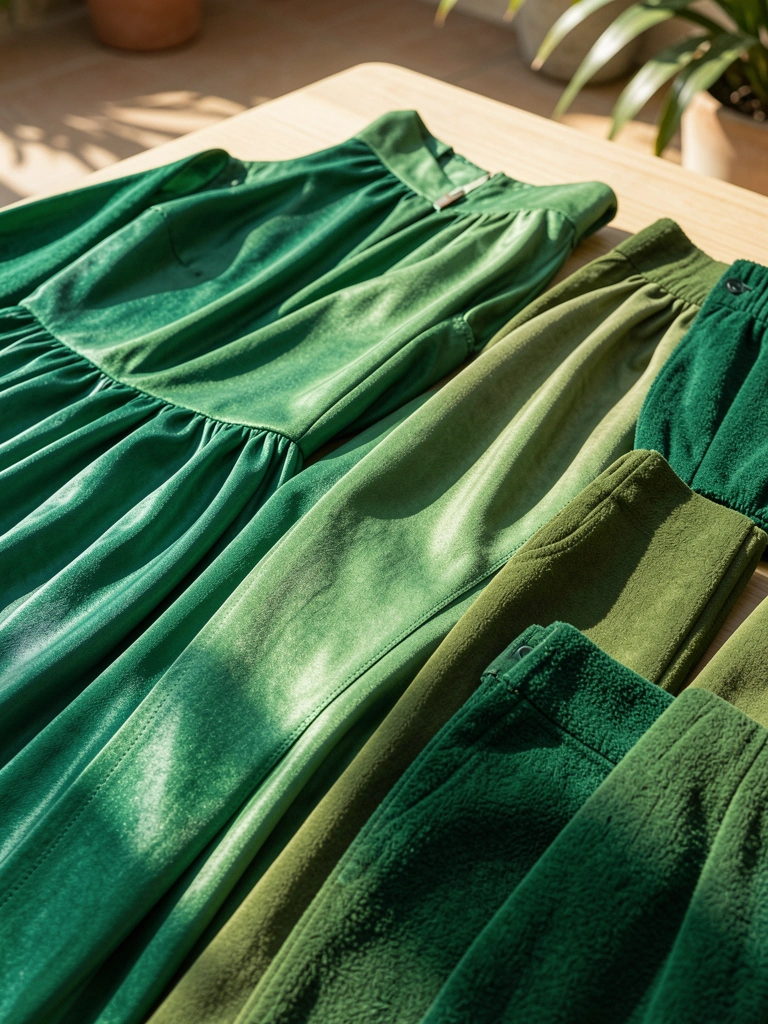 Vestidos, saias e calças em verde-esmeralda, jade e oliva sobre superfície de madeira clara, com costuras e texturas visíveis sob luz natural.