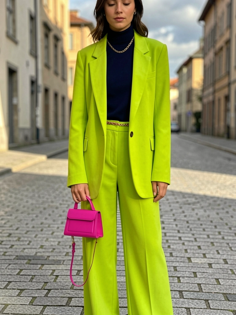 Mulher com blazer verde-limão oversized, calça combinando e bolsa rosa fúcsia, em rua de pedra com prédios desfocados ao fundo, luz natural suave.