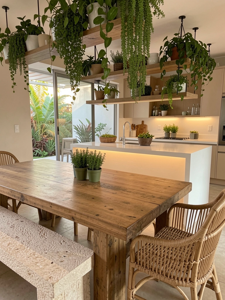 Mesa de madeira rústica com cadeira de rattan, plantas pendentes e bancada de pedra clara, luz natural suave.