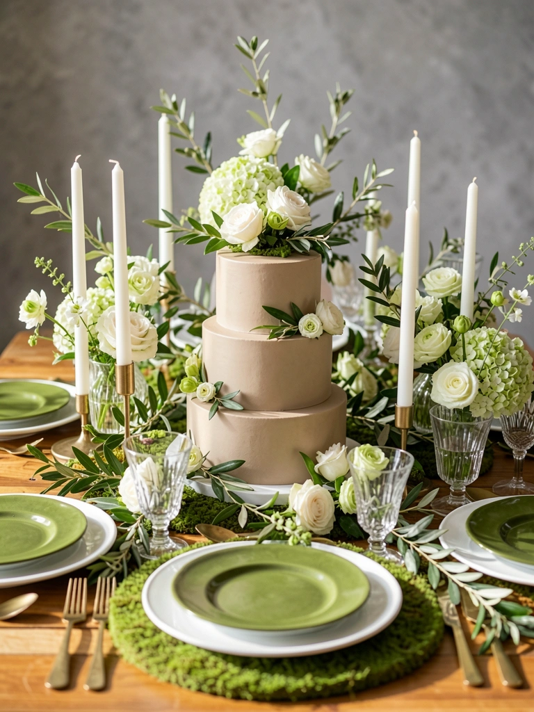 Mesa posta verde-musgo com bolo de andares, velas brancas e flores; luz natural incide sobre a madeira.