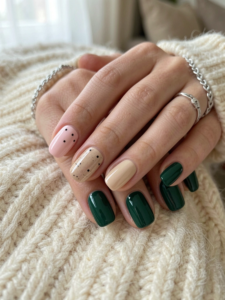 Mãos femininas com unhas pintadas de rosa claro, bege e verde esmeralda, detalhes com bolinhas pretas, pulseira de prata sobre suéter de lã creme, luz natural suave.