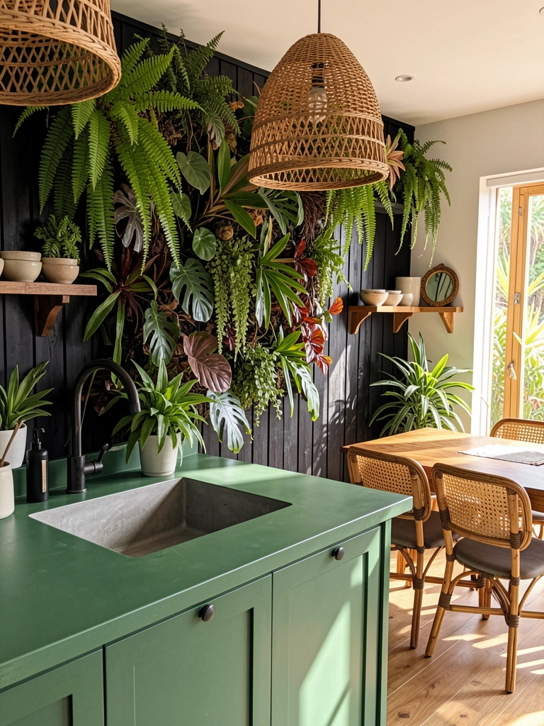 Luz natural incide sobre bancada verde com pia de concreto, parede vegetal tropical e pendentes de rattan trançado.