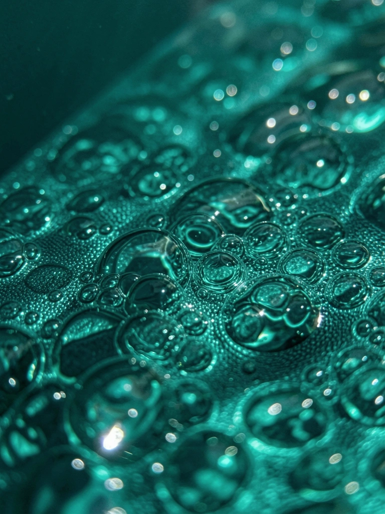 Superfície turquesa profunda com bolhas e reflexos, luz difusa criando brilhos, fundo azul escuro desfocado.